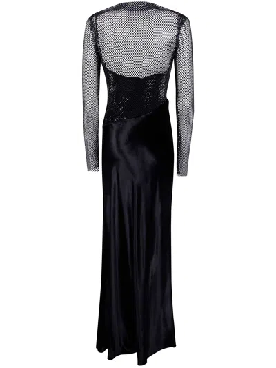 Alberta Ferretti Long Sleeve Maxi Dress With Mesh Overlay In Black