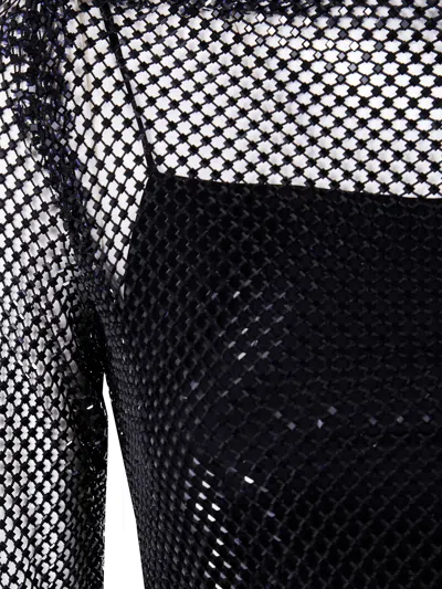 Alberta Ferretti Long Sleeve Maxi Dress With Mesh Overlay In Black