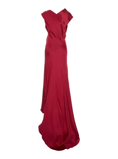 Alberta Ferretti Women Fuchsialong Dress With Draped Details In Shiny Satin Woman In Multi