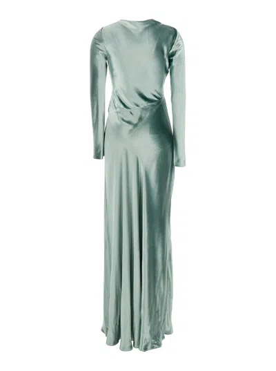 Alberta Ferretti Women Green Long Dress With Draped Details And Long Sleeves In Glossy Satin Woman In Green