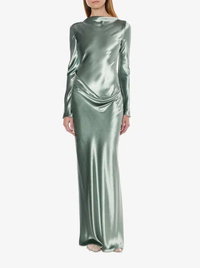 Alberta Ferretti Women Green Long Dress With Draped Details And Long Sleeves In Glossy Satin Woman In Green