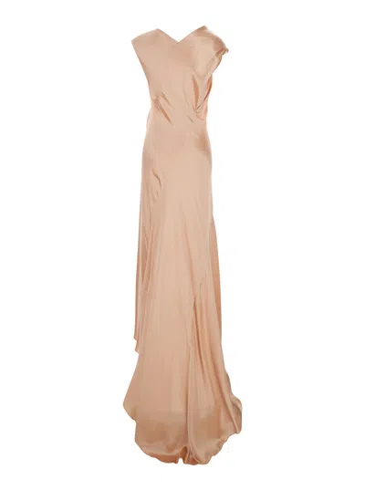 Alberta Ferretti Women Pink Long Dress With Draped Details In Shiny Satin Woman In Pink