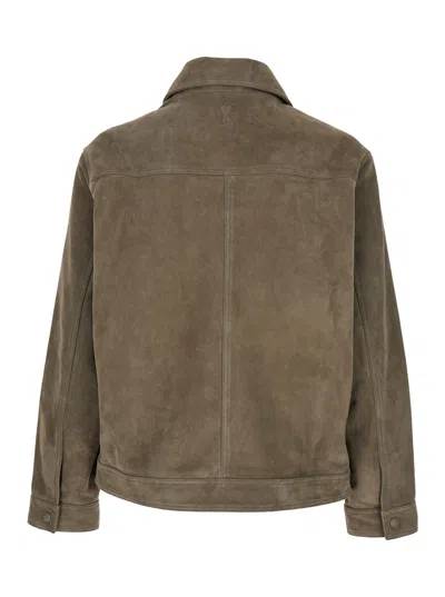 Ami Alexandre Mattiussi Ami Paris Men Grey Jacket With Classic Collar And Front Zip Closure In Suede Man In Multi