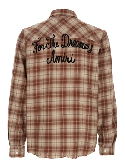 Amiri 'shotgun' Beige Shirt With Logo Print On Front And Rear And  All-over Check Motif In Cotton Man In Brown