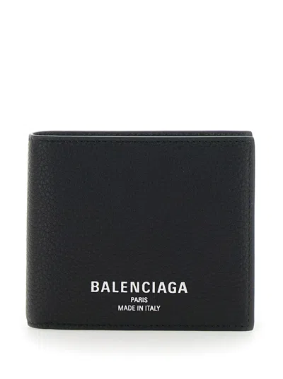 Balenciaga Men Black Bi-fold Wallet With Logo Lettering On The Front In Grained Leather Man In Brown