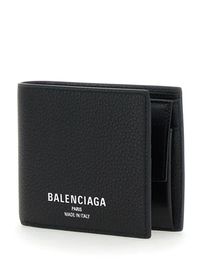 Balenciaga Men Black Bi-fold Wallet With Logo Lettering On The Front In Grained Leather Man In Brown
