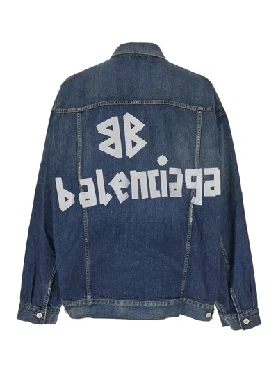Balenciaga Men Blue Jacket With Classic Collar And Maxi Logo Print On The Rear In Denim Man In Blue