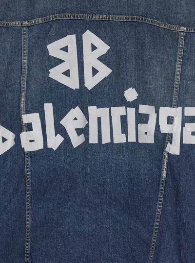 Balenciaga Men Blue Jacket With Classic Collar And Maxi Logo Print On The Rear In Denim Man In Blue