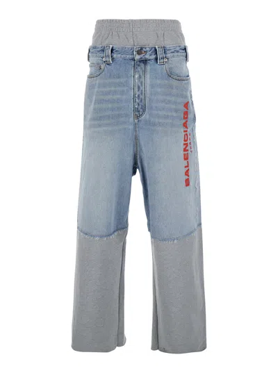 Balenciaga Men Light Blue Jeans With Fleece Inserts And Logo Lettering On The Front In Cotton And De In Multi