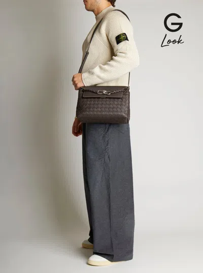 Bottega Veneta Men 'andiamo Brown Shoulder Bag With Knot Detail On The Front And Intrecciato Motif I In Multi