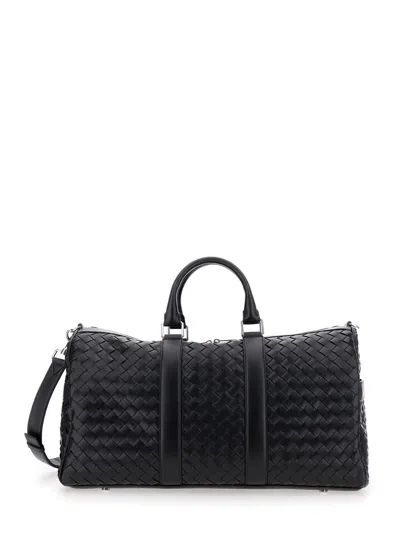 Bottega Veneta Men Black Travel Bag With Intrecciato Motif And Shoulder Strap In Leather Man In Multi