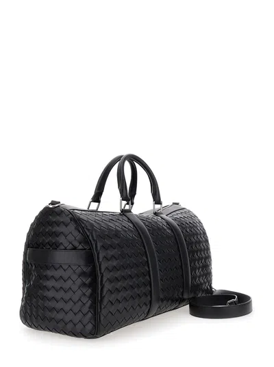 Bottega Veneta Men Black Travel Bag With Intrecciato Motif And Shoulder Strap In Leather Man In Multi