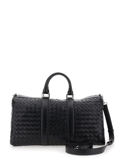 Bottega Veneta Men Black Travel Bag With Intrecciato Motif And Shoulder Strap In Leather Man In Multi
