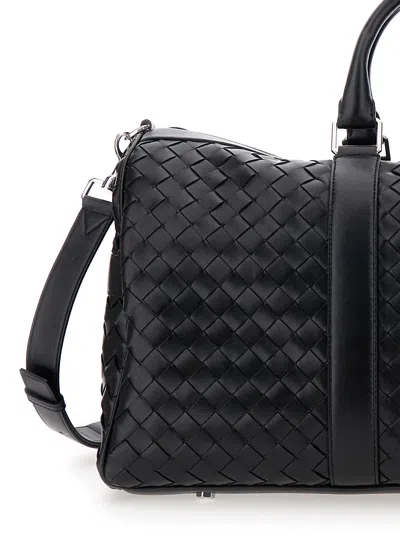 Bottega Veneta Men Black Travel Bag With Intrecciato Motif And Shoulder Strap In Leather Man In Multi
