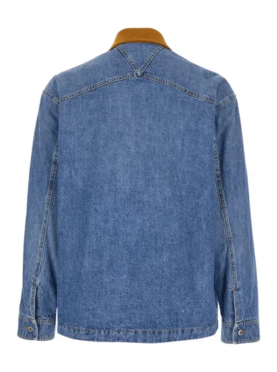 Bottega Veneta Men Blue Jacket With Suede Collar And Logo Patch In Denim Man In Blue