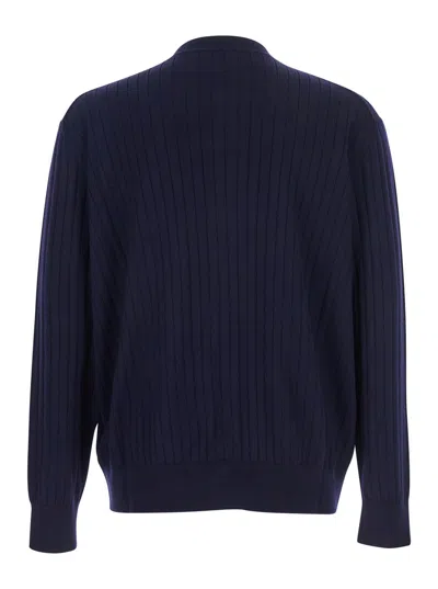Bottega Veneta Men Blue Crewneck Ribbed Knit Cardigan In Wool Man In Blue