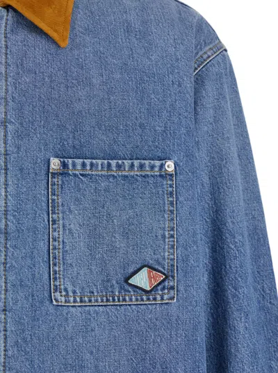 Bottega Veneta Men Blue Jacket With Suede Collar And Logo Patch In Denim Man In Blue