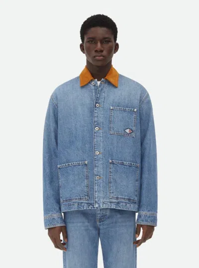 Bottega Veneta Men Blue Jacket With Suede Collar And Logo Patch In Denim Man In Blue