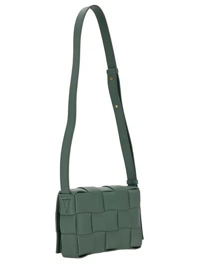 Bottega Veneta Women 'cassette' Green Crossbody Bag With Intreccio Motif In Leather Woman In Green