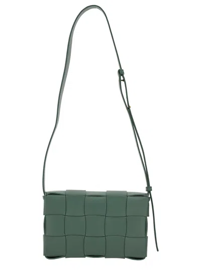 Bottega Veneta Women 'cassette' Green Crossbody Bag With Intreccio Motif In Leather Woman In Green