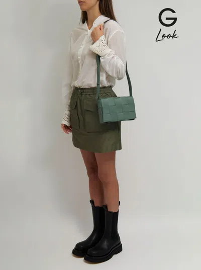 Bottega Veneta Women 'cassette' Green Crossbody Bag With Intreccio Motif In Leather Woman In Green