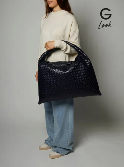 Bottega Veneta 'hop Large' Blue Shoulder Bag With Intreccio Motif In Leather Woman In Multi