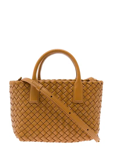 Bottega Veneta Women 'mini Cabat' Caramel Intreccio Tote Bag With Shoulder Strap Leather Woman Botte In Multi