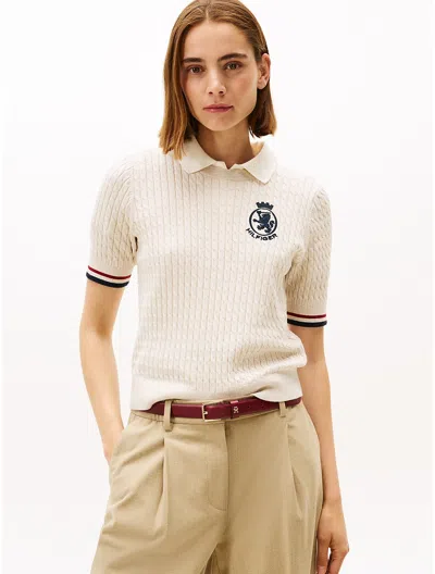 Tommy Hilfiger Crest-embroidered Cable-knit Top In Neutral