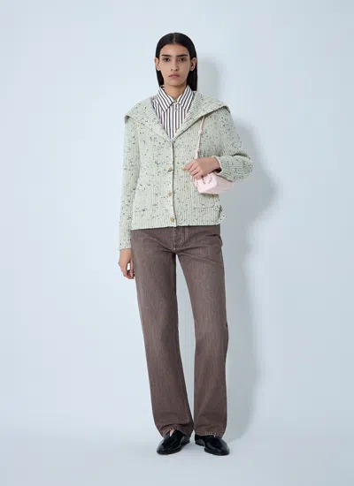 Bottega Veneta Ribbed Knit Sweater With Oversized Collar And Gold-tone Buttons In Green