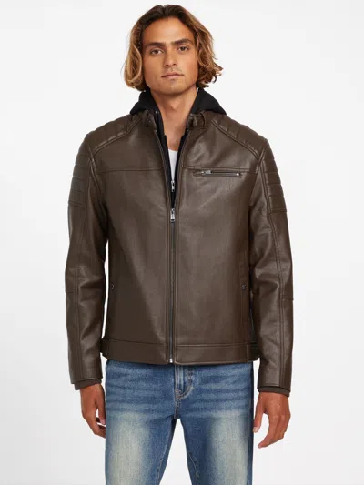 Guess Factory Danilo Faux-leather Hooded Moto Jacket In Brown