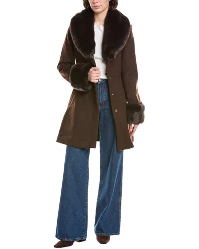Via Spiga Double Breasted Wool Blend Coat With Faux Fur Trim In Brown