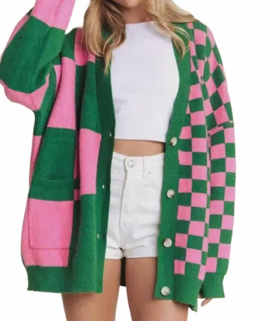 Jade By Jane Button Down Oversized Checkered Cardigan In Pink/green In Multi