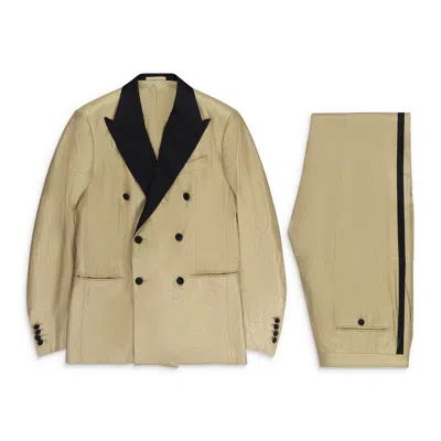 Caruso Gold Metallic Linen Double-breasted Suit 10r In Gold