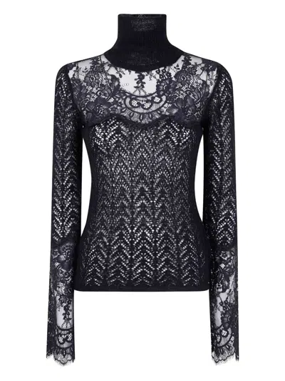 Blumarine Turtle Neck Knit With Lace Sweater In Black