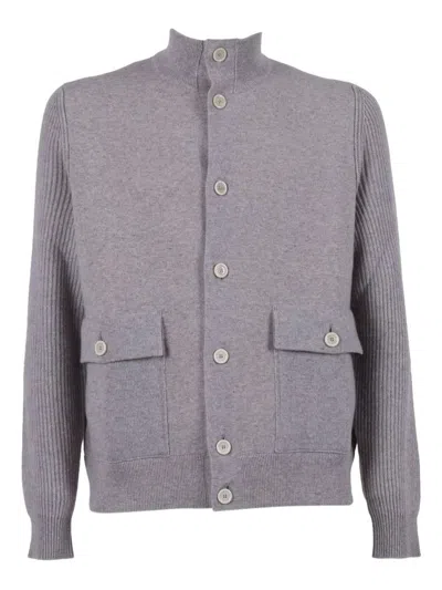 Lardini Knit Jacket With Ribbed Sleeves And High Collar In Gray