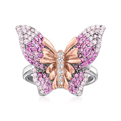 Ross-simons Simulated Pink Sapphire Butterfly Ring With Cz Accents In 2-tone Sterling Silver In Metallic