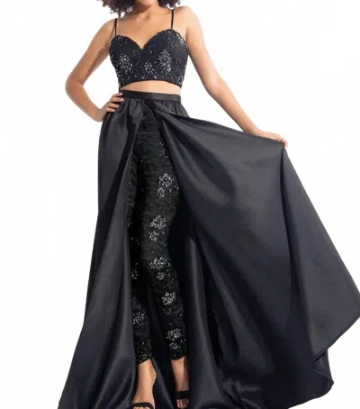 Rachel Allan Lace Embroidered Ensemble With Matte Satin Overskirt In Black In Black