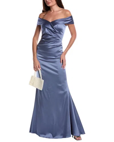 Teri Jon By Rickie Freeman Off-shoulder Drape Gown In Blue