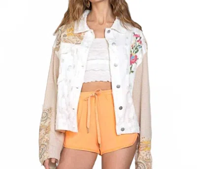 Pol Contrast Thermal Sleeve Paisley Patch Button Down Shacket In White In White