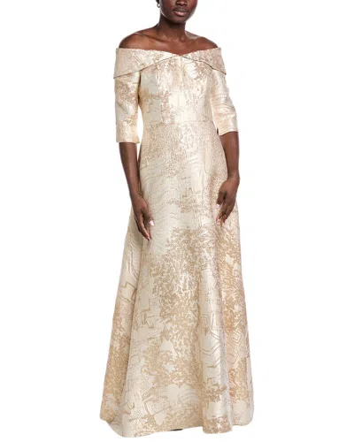 Teri Jon By Rickie Freeman Jacquard Off-shoulder Gown In Gold