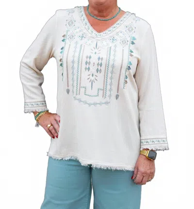 Multiples 3/4 Sleeve Top With Embroidery In White In White