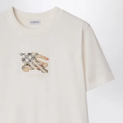 Burberry Ribbed Cotton T-shirt With Equestrian Motif And Logo Patch In White