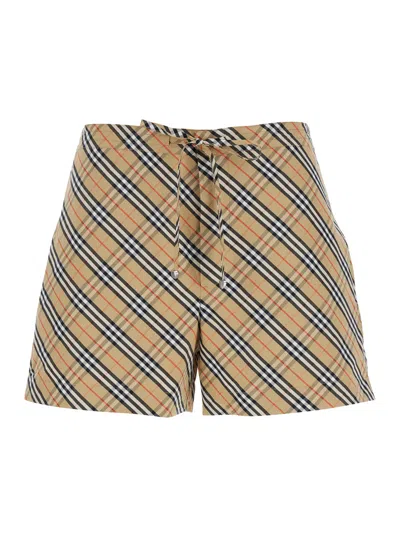Burberry Women Beige Shorts With Elastic Drawstring Waist And All-over Check Motif In Cotton Woman In Brown