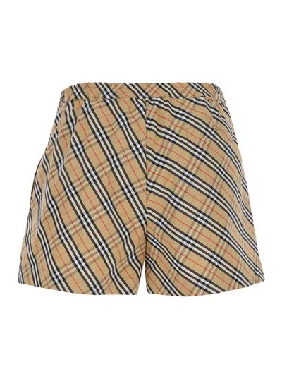 Burberry Women Beige Shorts With Elastic Drawstring Waist And All-over Check Motif In Cotton Woman In Brown