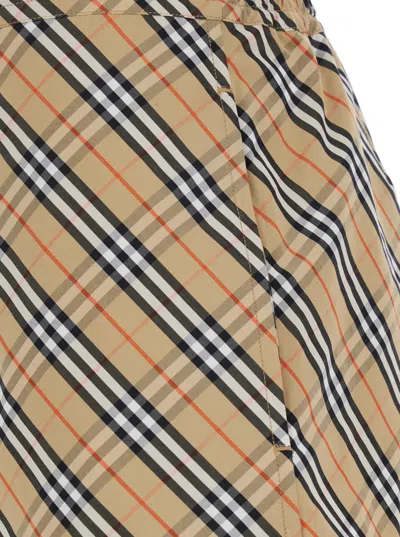 Burberry Women Beige Shorts With Elastic Drawstring Waist And All-over Check Motif In Cotton Woman In Brown