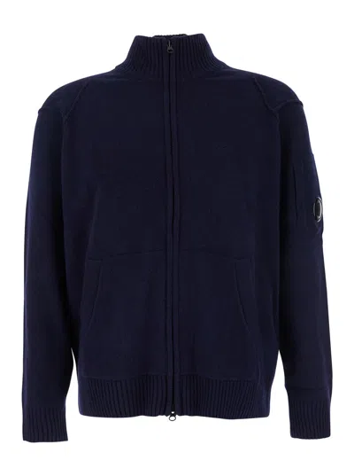 C.p. Company Blue Jacket With High Neck And Logo Plaque On The Sleeve In Wool Blend Man In Blue