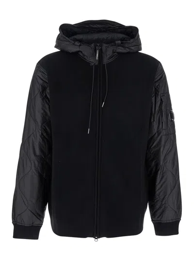 C.p. Company Men Black Jacket With Drawstring Hood And Logo Plaque On The Sleeve In Wool Man In Black