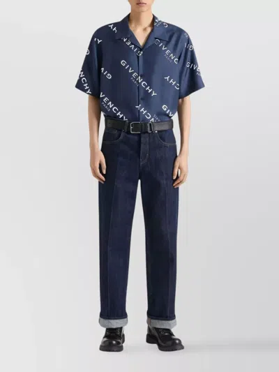 Givenchy Convertible-collar Logo-print Silk-twill Shirt In Blue
