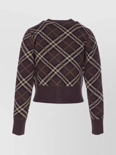 Burberry Long Sleeve Cardigan With Check Motif And Crewneck In Brown