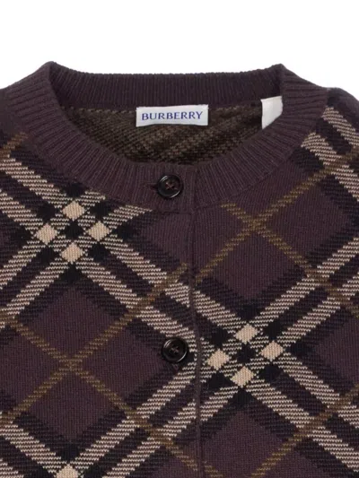 Burberry Long Sleeve Cardigan With Check Motif And Crewneck In Brown
